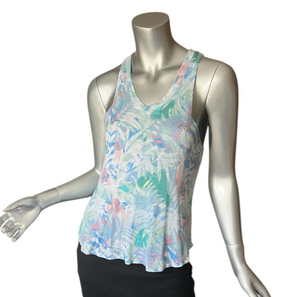 Tranquil & True Women’s SMALL Tropical Palm Colorful Ribbed Tank Top V Neck